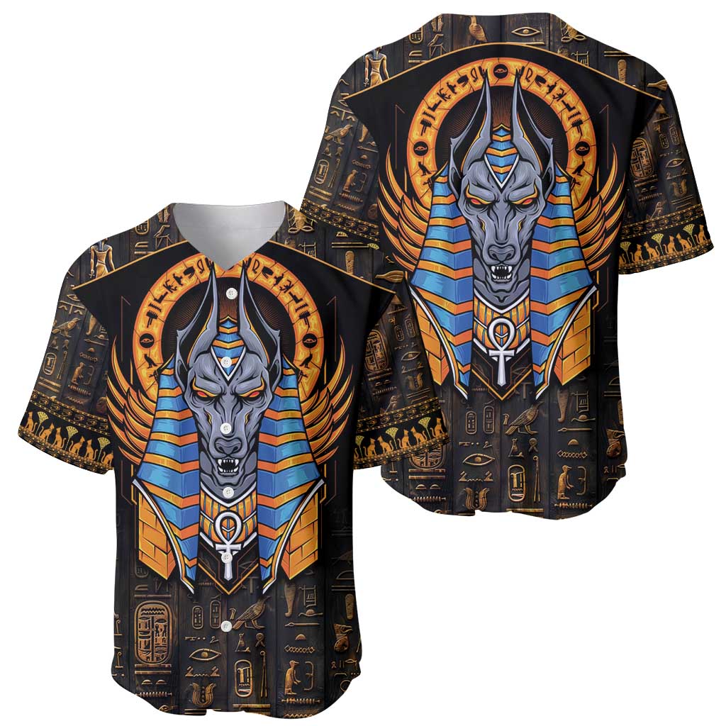 Black baseball jersey with Anubis head graphic and gold hieroglyph pattern