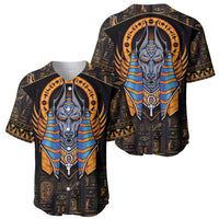 Black baseball jersey with Anubis head graphic and gold hieroglyph pattern