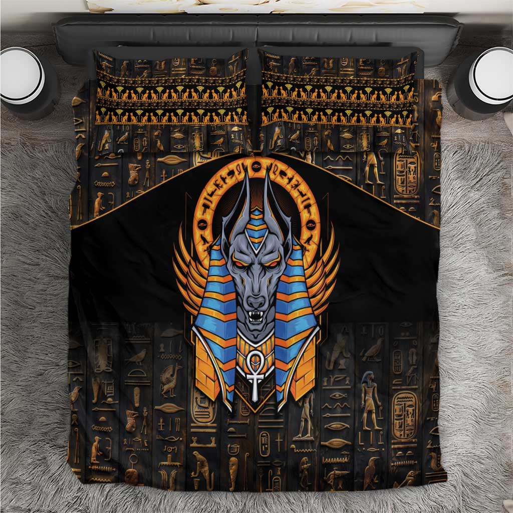 Black Egyptian Anubis bedding set with gold hieroglyph patterns and central Anubis graphic