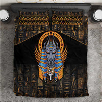 Black Egyptian Anubis bedding set with gold hieroglyph patterns and central Anubis graphic