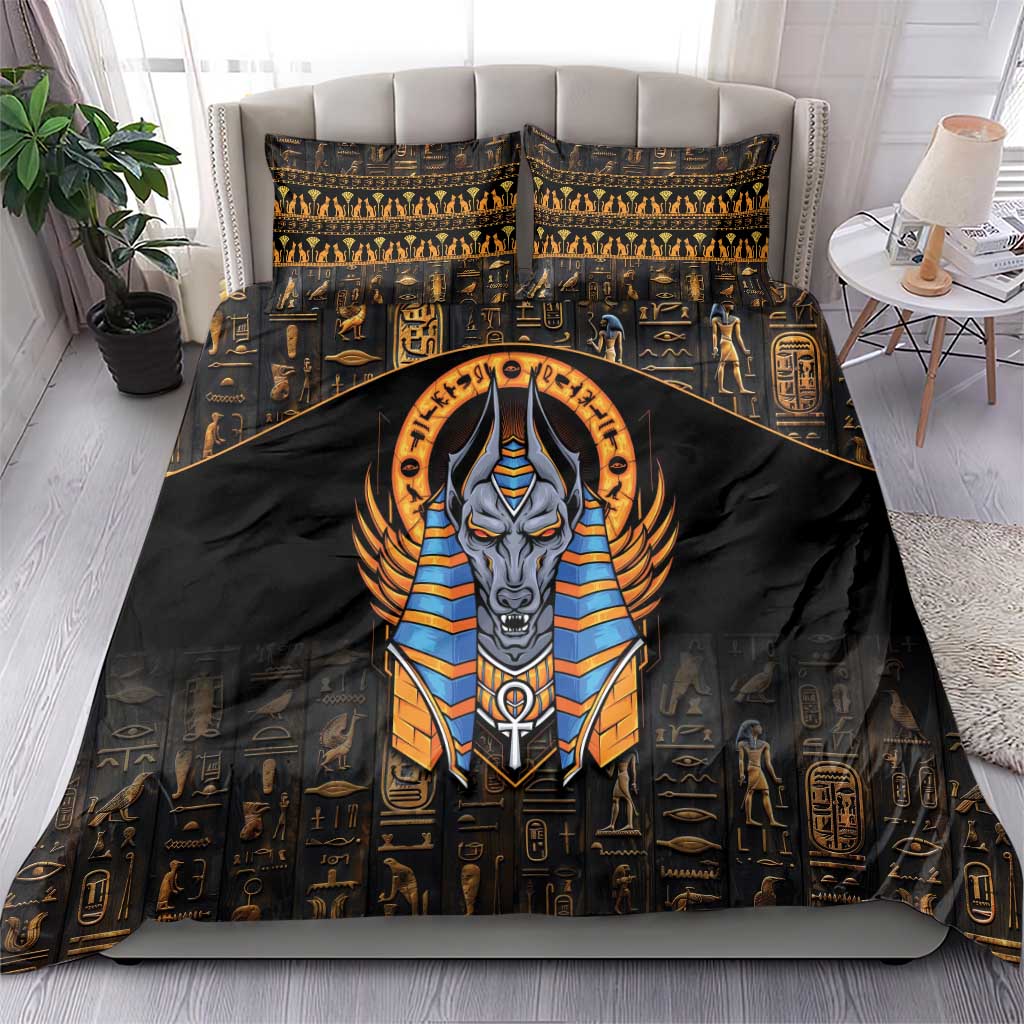 Black Egyptian Anubis bedding set featuring gold hieroglyph border and Anubis emblem on duvet