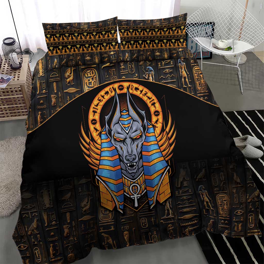 Black Egyptian Anubis bedding set with gold hieroglyphs and large Anubis head graphic