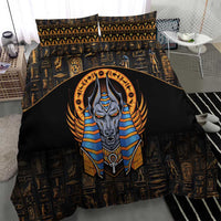 Black Egyptian Anubis bedding set with gold hieroglyphs and large Anubis head graphic