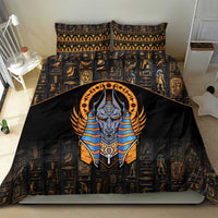 Black Egyptian Anubis bedding set showing Anubis face, wings, and gold hieroglyph background