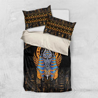 Black Egyptian Anubis bedding set with gold hieroglyph pillows and Anubis graphic on duvet