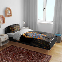 Black Egyptian Anubis bedding set with gold hieroglyph print and central Anubis character