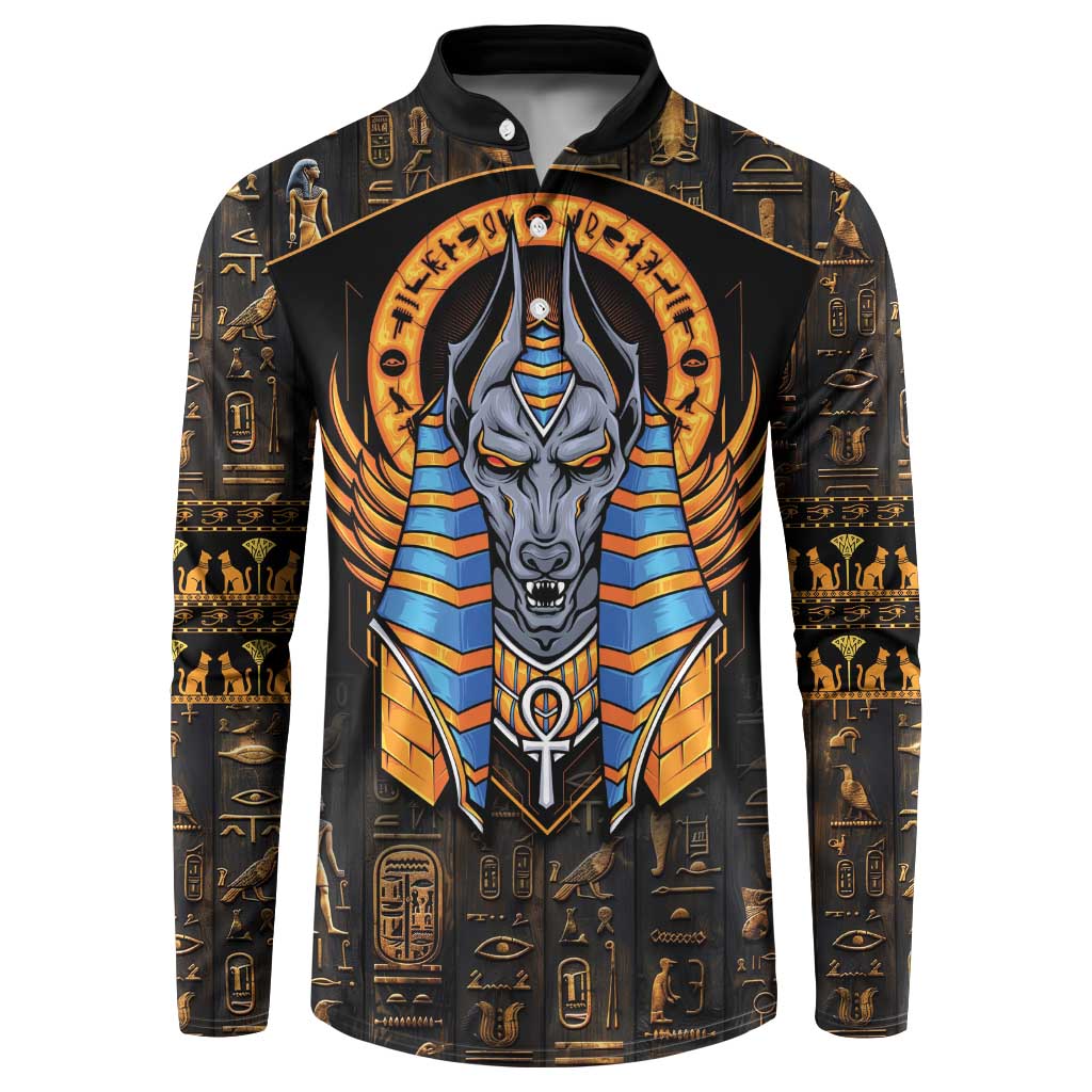 Black button-front sweatshirt with Anubis graphic and Egyptian symbols