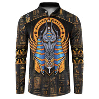 Black button-front sweatshirt with Anubis graphic and Egyptian symbols