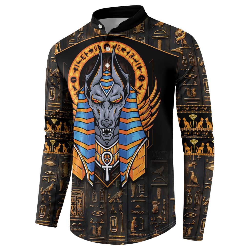 Black button-front sweatshirt featuring large Anubis head artwork and hieroglyph pattern