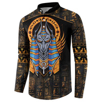 Black button-front sweatshirt featuring large Anubis head artwork and hieroglyph pattern