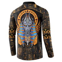 Black button-front sweatshirt back with large Anubis portrait and gold Egyptian icons