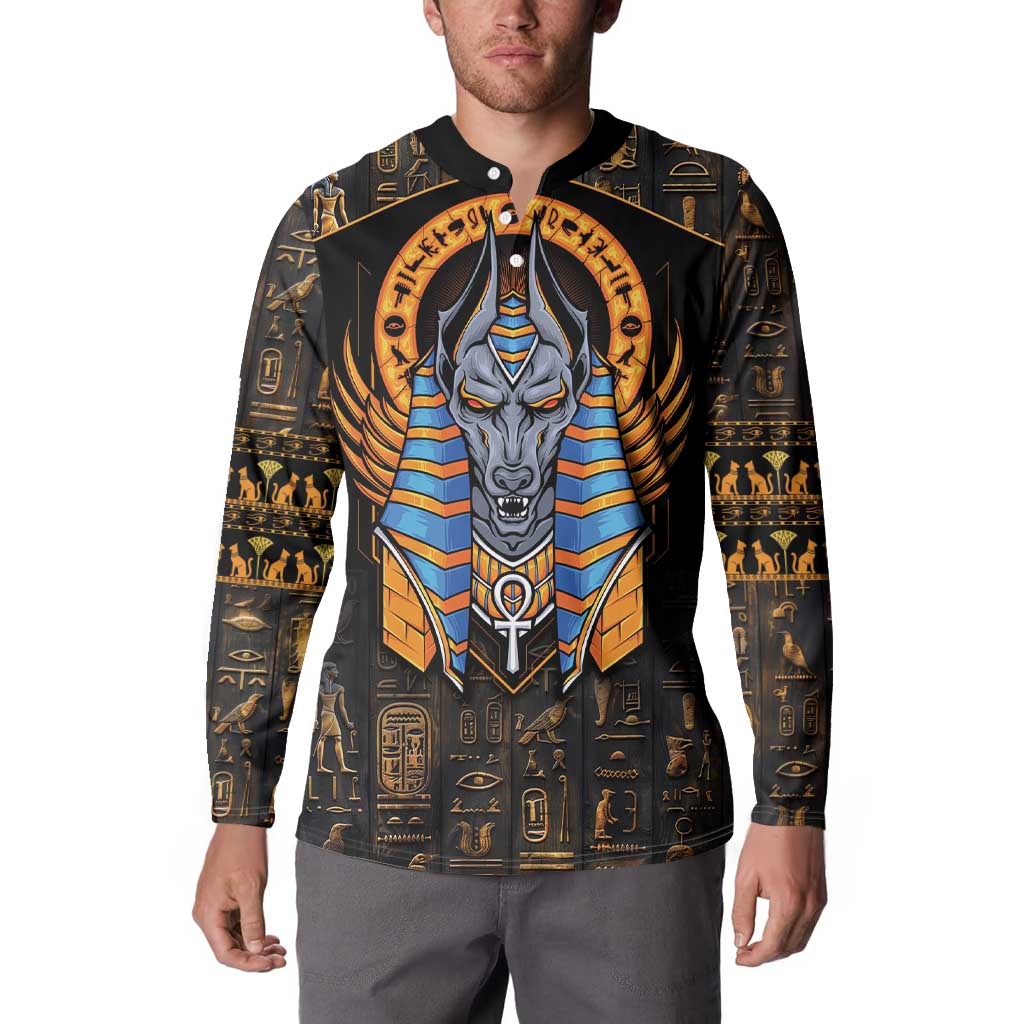 Men's black button-front sweatshirt with Anubis front graphic and Egyptian pattern
