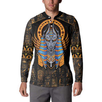 Men's black button-front sweatshirt with Anubis front graphic and Egyptian pattern