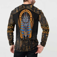 Black button-front sweatshirt back print with centered Anubis head and gold borders
