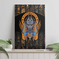 Black canvas wall art of Anubis with blue-and-gold winged headdress, straight view