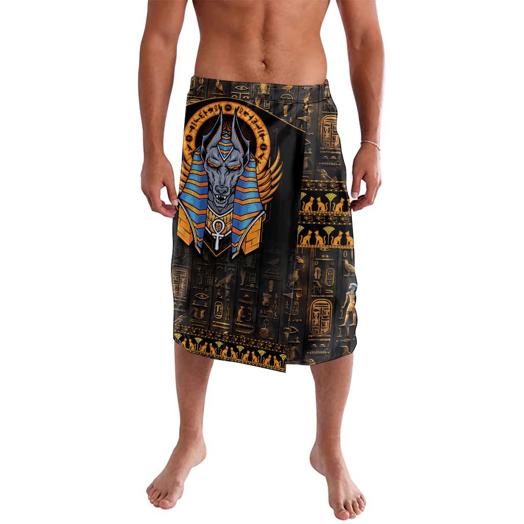 Men's black Egyptian sarong skirt with large Anubis head graphic panel