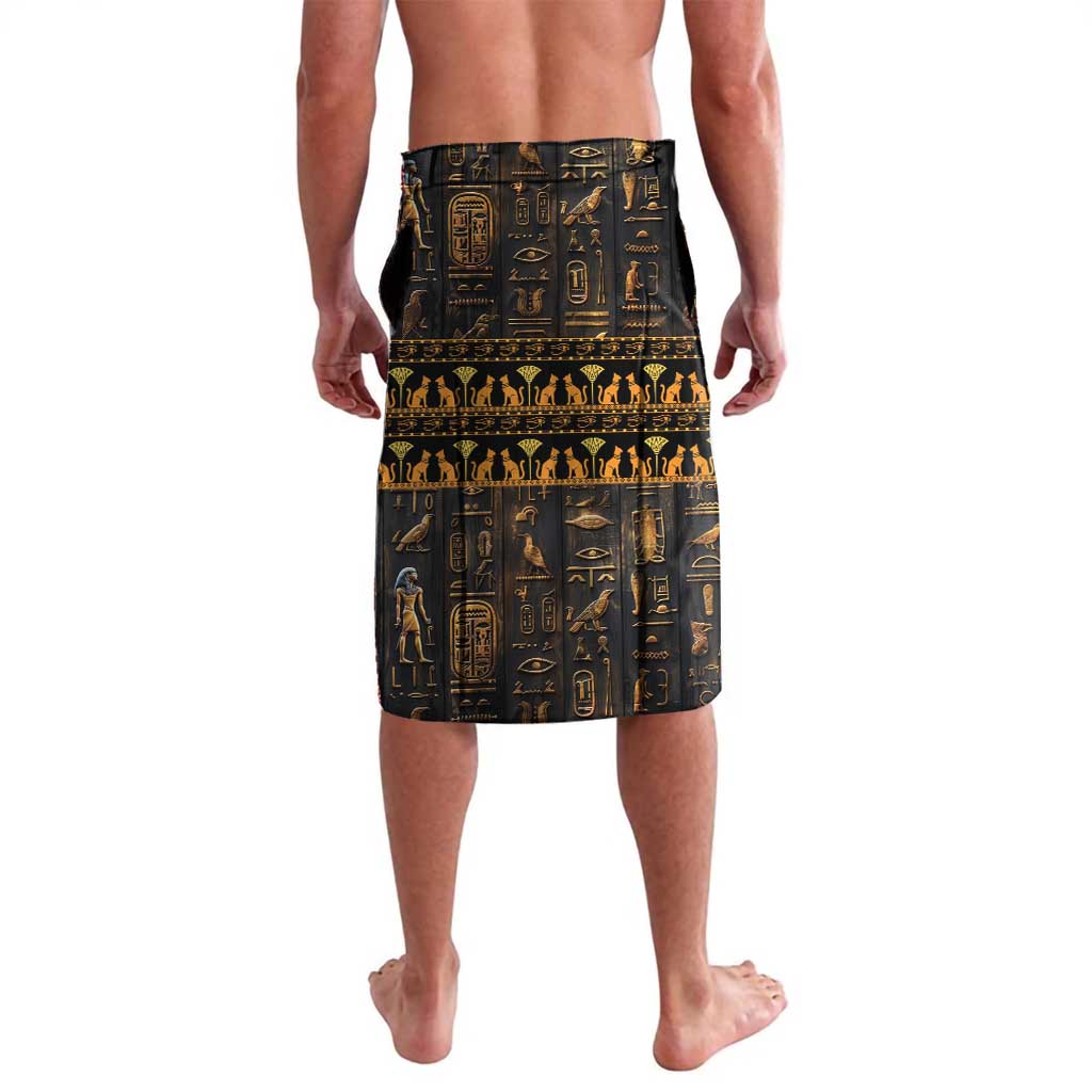 Men's black graphic sarong skirt with ancient Egyptian temple pattern