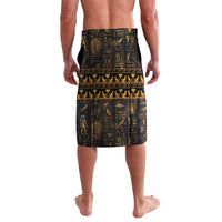 Men's black graphic sarong skirt with ancient Egyptian temple pattern