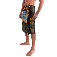 Men's black graphic sarong skirt with Anubis face and hieroglyph design