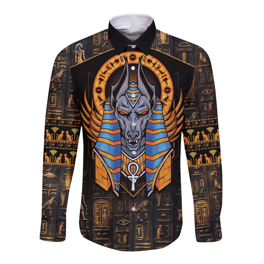 Black long-sleeve button shirt with large Anubis face and Egyptian symbols graphic