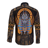 Black long-sleeve button shirt with Anubis face centered on back and Egyptian icon pattern