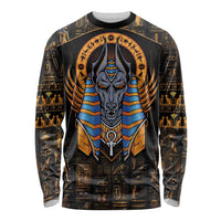 Unisex black long sleeve shirt with large Anubis head graphic and gold symbols.