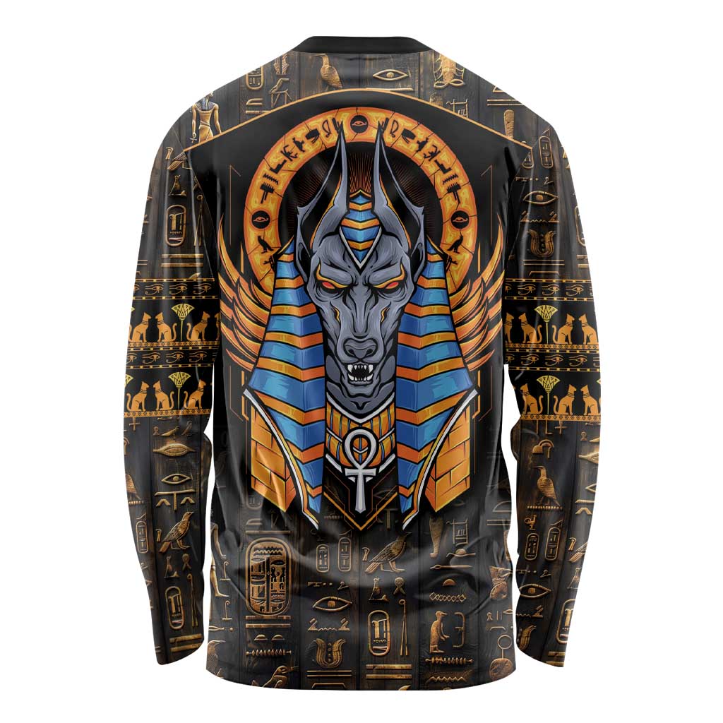 Unisex black long sleeve shirt with centered Anubis head graphic on back and hieroglyphs.