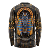Unisex black long sleeve shirt with centered Anubis head graphic on back and hieroglyphs.