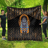 Black quilt with gold Egyptian symbols, central Anubis face, and black diamond quilting