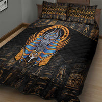 Black Egyptian Anubis quilt bed set with blue and gold warrior artwork