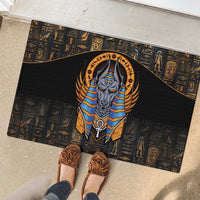 Black Egyptian Anubis rubber doormat showing gold and blue Anubis graphic and symbols