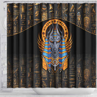 Black shower curtain with large Anubis portrait, gold Egyptian symbols, and arch design