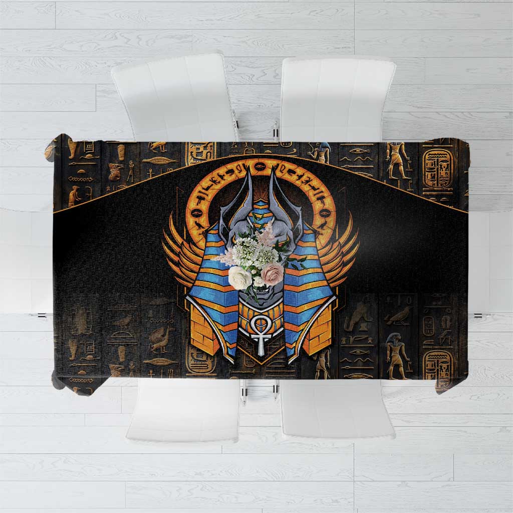 Black Egyptian Anubis tablecloth with winged jackal figure and hieroglyph border
