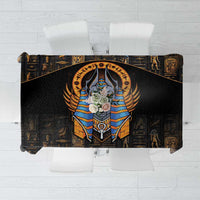 Black Egyptian Anubis tablecloth with winged jackal figure and hieroglyph border