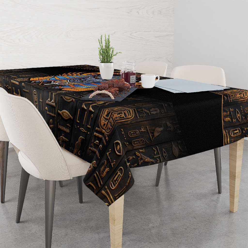 Black Egyptian hieroglyph tablecloth with blue accent panels across tabletop