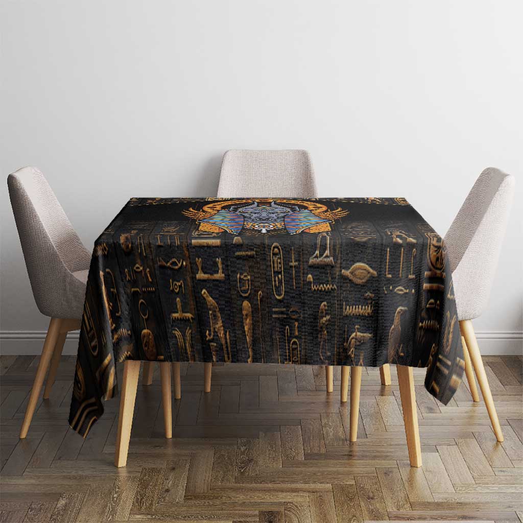 Black Egyptian hieroglyph tablecloth with colorful central graphic panel