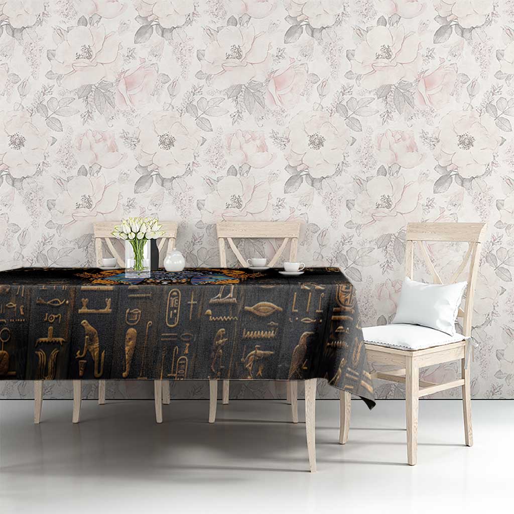 Black Egyptian hieroglyph tablecloth with blue border and Anubis-style symbols