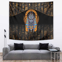 Egyptian Anubis tapestry, black with gold hieroglyphs and blue-striped Anubis portrait.