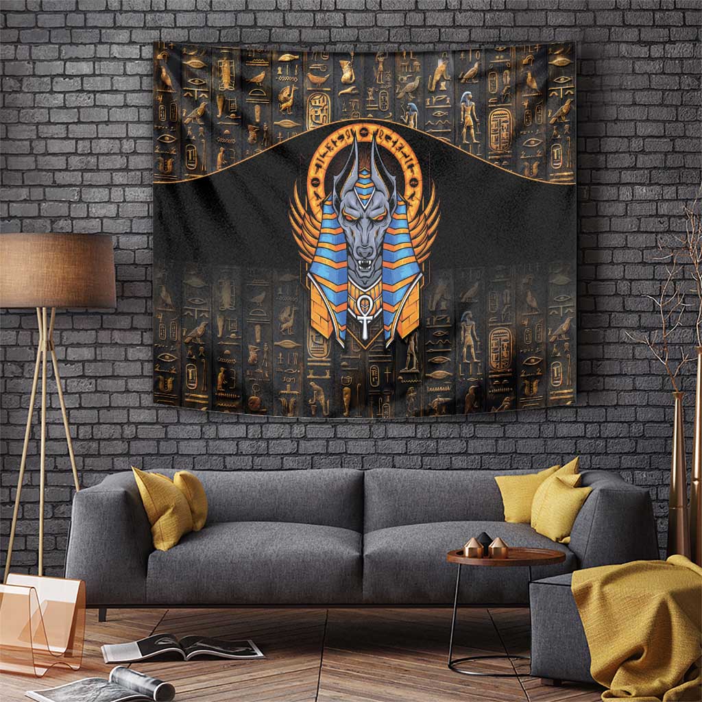 Egyptian Anubis tapestry with gold hieroglyph patterns and central blue-striped Anubis.