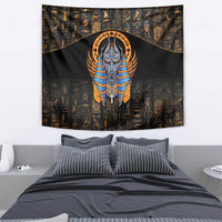 Egyptian Anubis wall tapestry: black field, gold hieroglyphs, blue-striped Anubis figure.