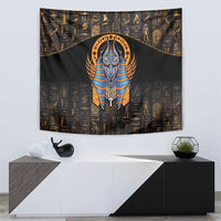 Egyptian Anubis tapestry with gold hieroglyphs, black background, blue-striped Anubis head.