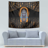 Egyptian Anubis tapestry, black with gold hieroglyphs and a blue-striped Anubis shrine.
