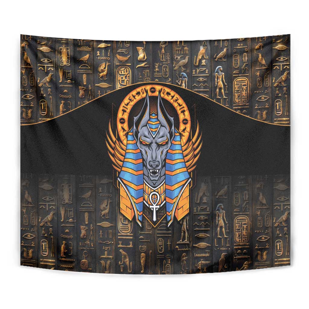 Egyptian Anubis tapestry corner view: black, gold hieroglyphs, blue-striped Anubis figure.
