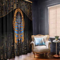 Black curtain panels featuring a large Anubis face with blue-gold collar graphic