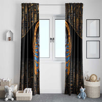 Pair of black Egyptian window curtains with gold hieroglyphs and Anubis-style insignia
