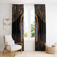 Black Egyptian-style window curtain panels with gold hieroglyphs and Anubis emblem