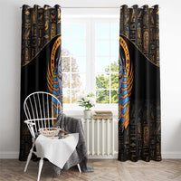 Black curtain panels with gold symbols and tall Anubis face in blue-gold