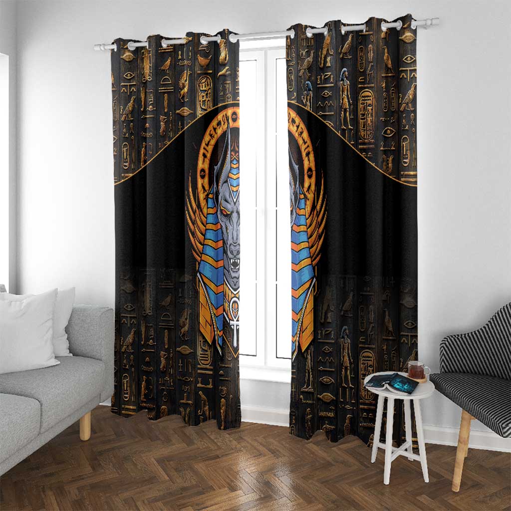 Black curtain panels with Anubis face design and gold Egyptian symbols