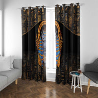 Black curtain panels with Anubis face design and gold Egyptian symbols