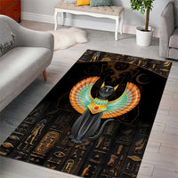 Black area rug with Egyptian cat artwork and gold symbol border, centered
